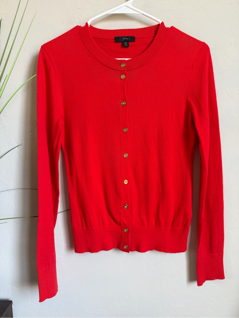 J.Crew 100% Cotton Crewneck Cardigan Sweater XS Red Gold Button Classic